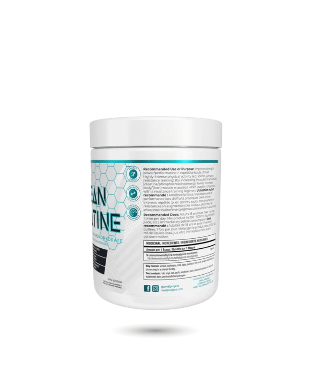 Back label of VNDL Creatine for Strength with recommended use, dosage instructions, and company contact details for fitness supplement users.