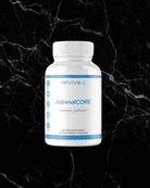 Revive AdrenalCORE stress support supplement bottle with white label and blue accents, designed to boost vitality and adrenal health.
