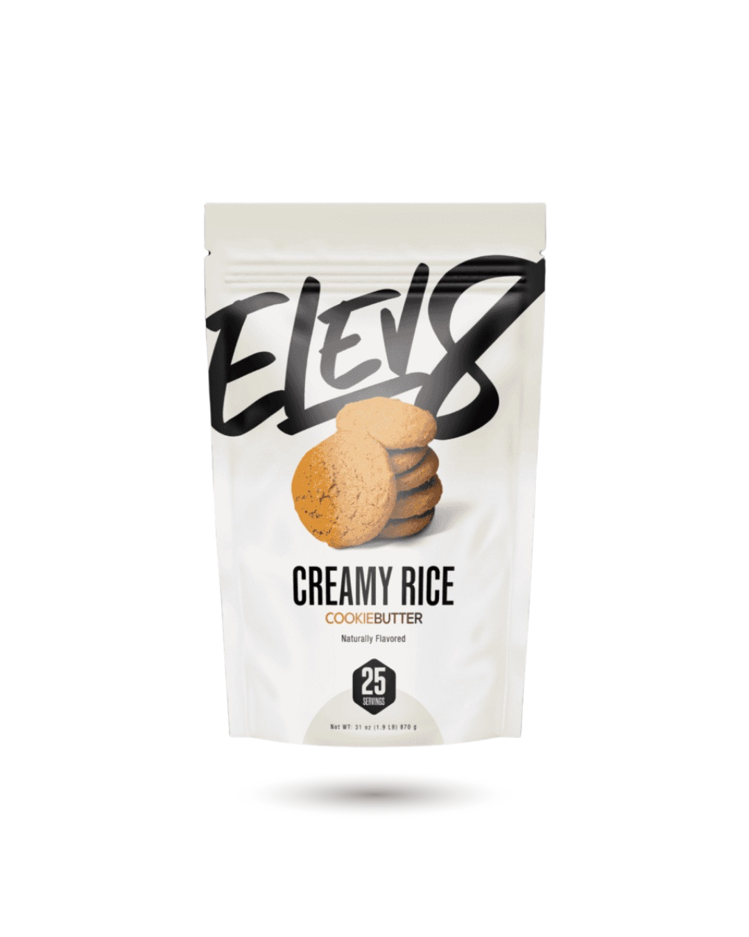 ELEV8 Creamy Rice Cookie Butter flavor in resealable pouch. Tasty, nutritious snack for fitness-focused diets and energy needs.