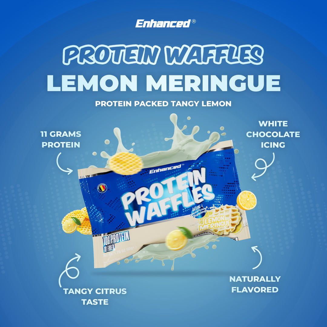 Enhanced Protein Waffles Lemon Meringue flavor with 11g protein, white chocolate icing, and tangy citrus taste, perfect for fitness nutrition.