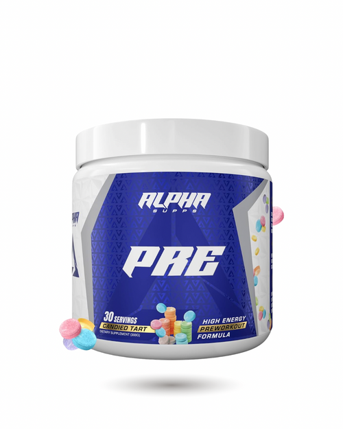 Alpha Supps Sustained Energy Pre-Workout in Candied Tart flavor with 30 servings, designed for high energy and mental clarity support.