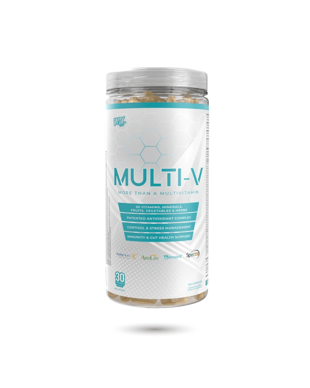 Boost Health with MULTI-V general health multivitamin bottle featuring 30 servings of veggie capsules for immunity, stress, and gut support.