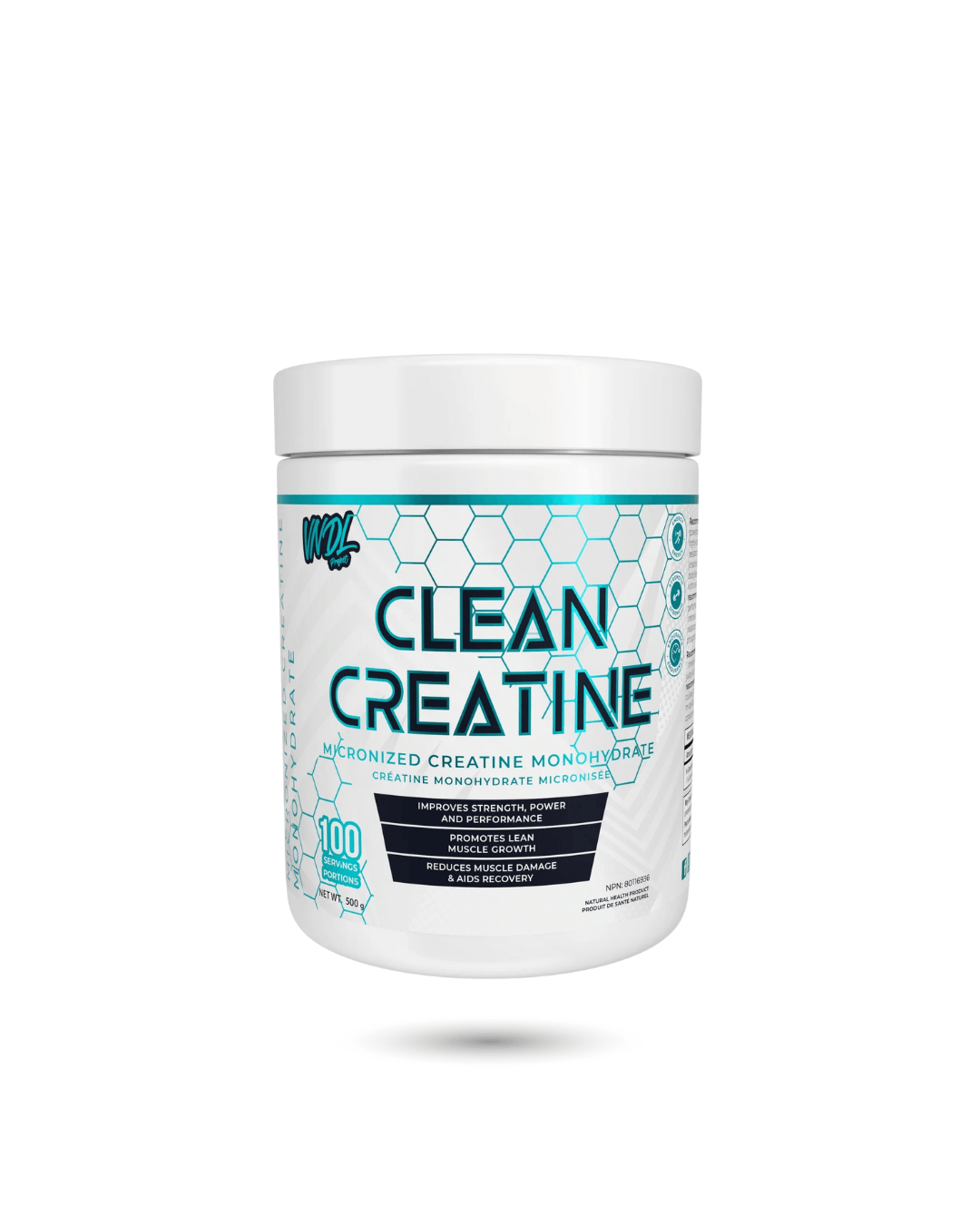 VNDL Creatine for Strength - Pure Micronized | 100 Servings container with hexagon design, labeled clean creatine monohydrate for endurance and recovery.