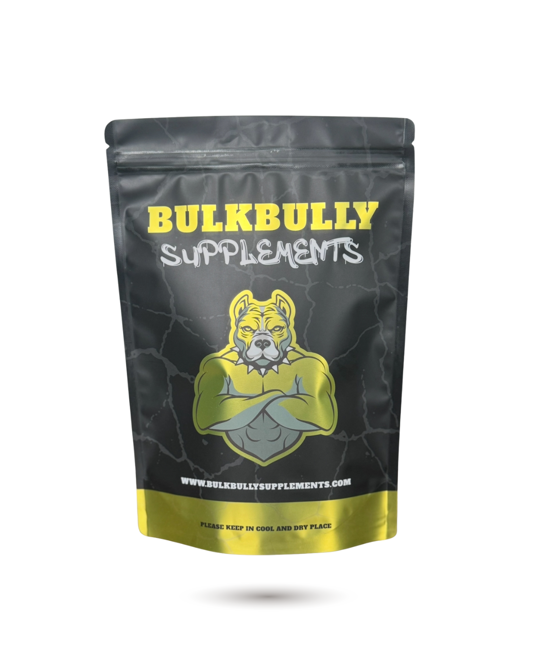 BulkBully Whey Protein Isolate - Chocolate in resealable black pouch with muscular dog logo. Ideal for fitness and muscle recovery supplements.