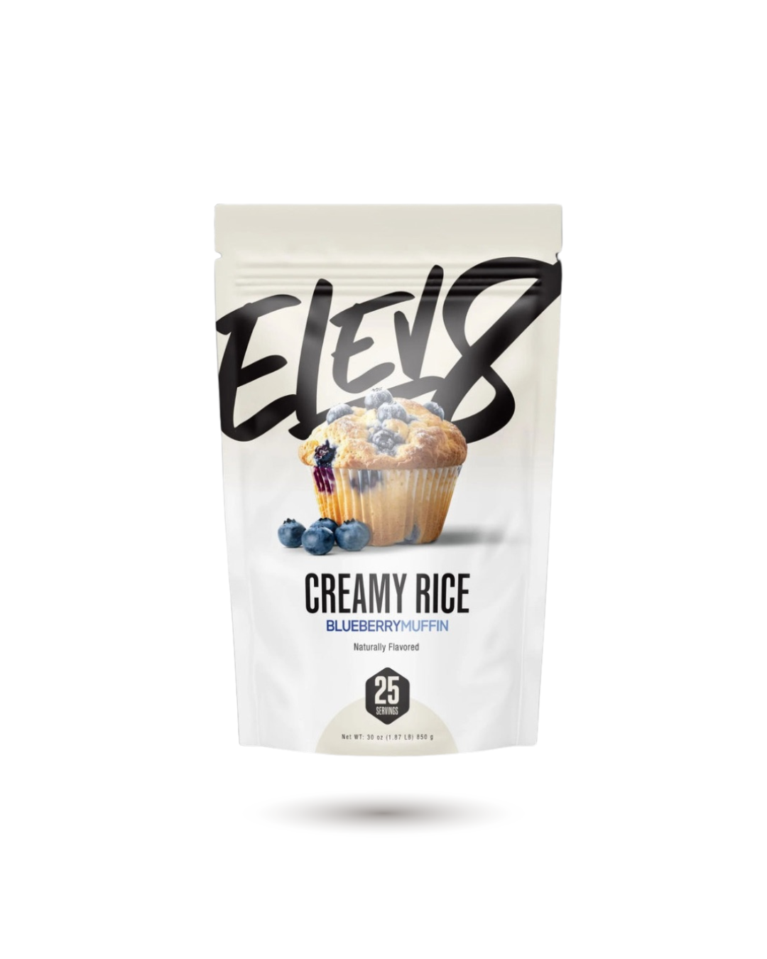 ELEV8 Creamy Rice Blueberry Muffin flavor with vibrant fruit imagery. Ideal pre-workout snack for clean eating and energy replenishment.