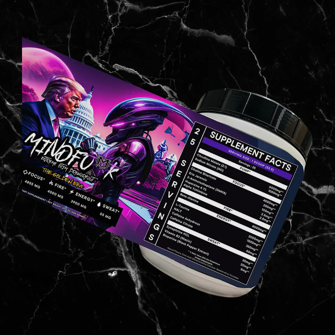 Mindfu k Stim Pre-Workout - Extreme Supplement in pink lemonade flavor featuring futuristic label art. High-stim formula with 400 mg caffeine per scoop.