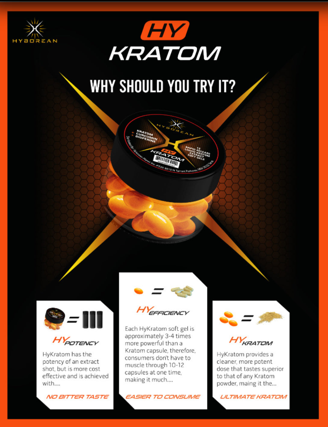 HyKratom Soft Gels (30 Soft Gels) by Hyborean displayed in a black and orange container. Bulk gain supplements for fitness and muscle growth.