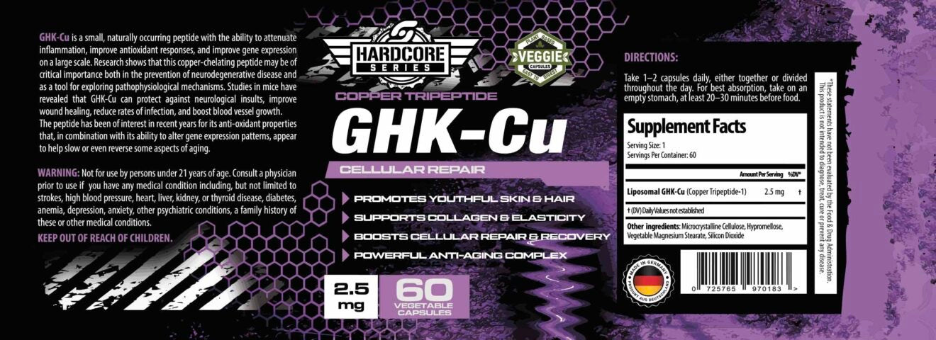 Detailed label of Savageline Labs GHK-Cu Capsules showing supplement facts, usage instructions, and anti-aging skin and hair benefits.