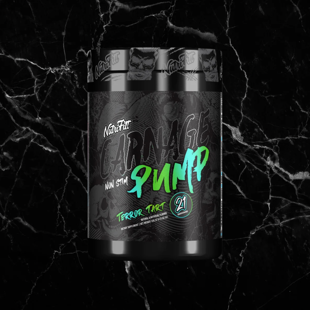 Nutrifitt Pump Carnage Non-Stim Formula in Terror Tart flavor, supports intense muscle pumps and blood flow without caffeine or stimulants.