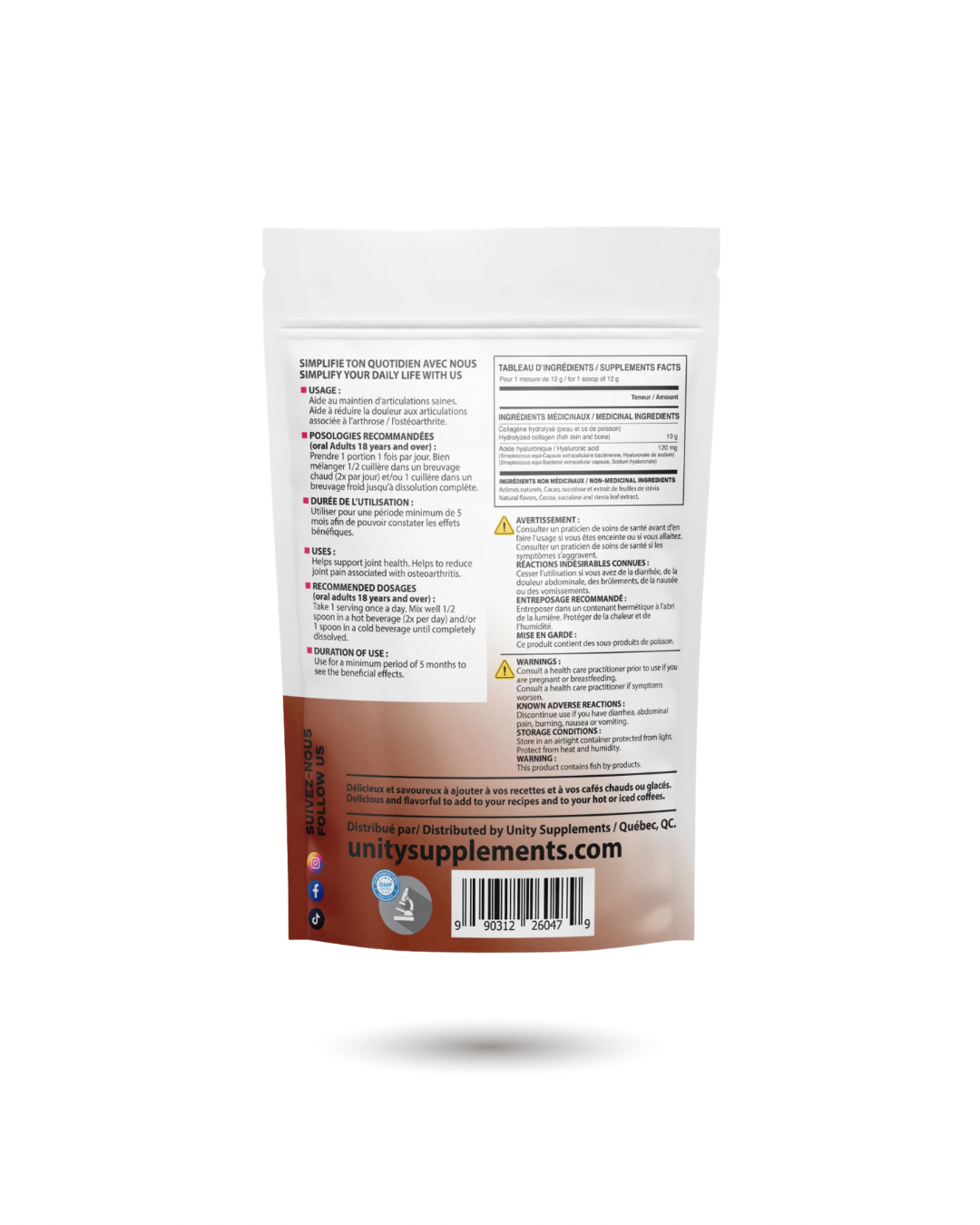 Back label of Chocolate Collagen supplement showing nutrition facts, ingredients, and usage directions. Promotes radiant skin and joint health.