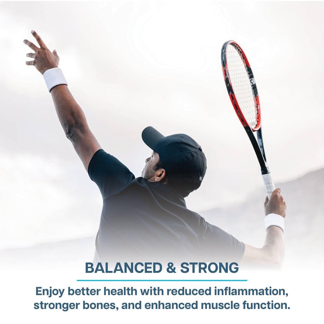 Man playing tennis with text highlighting Revive Vitamin Pack’s support for inflammation reduction, bone strength, and muscle function.