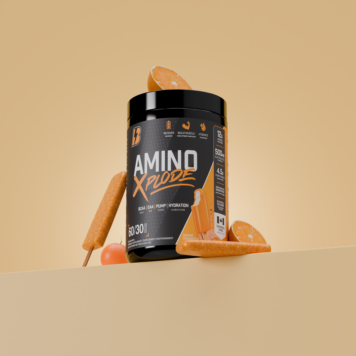 Orange Creamsicle Amino Xplode supplement with oranges and popsicles, combining flavor with EAA/BCAA and hydration support.