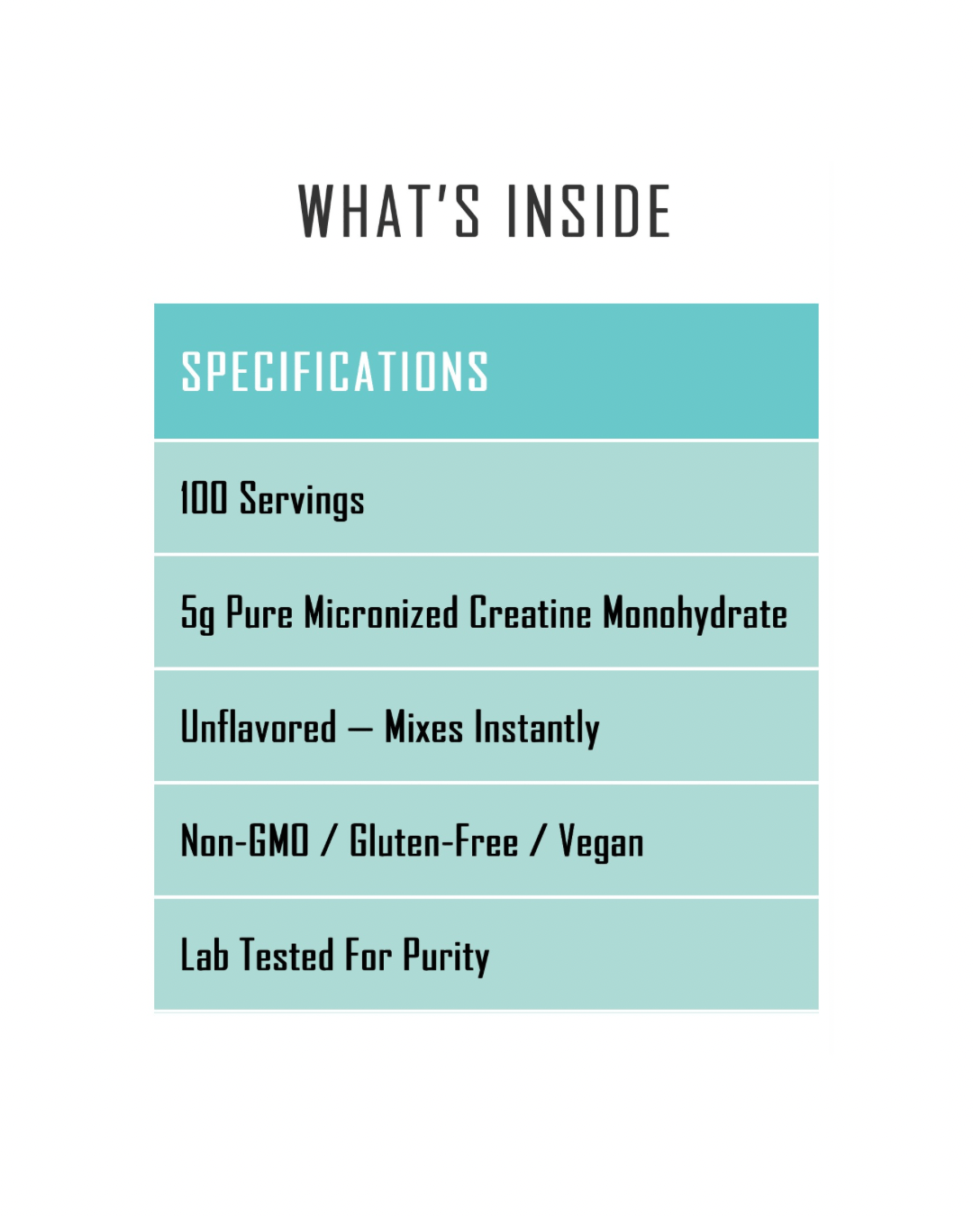 Specifications chart for VNDL Creatine highlighting 100 servings, 5g micronized creatine, unflavored, vegan, gluten-free, and lab-tested purity.