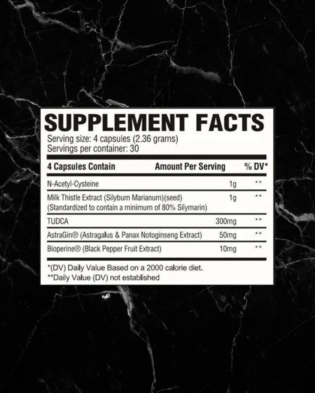 Supplement facts label for Revive Liver 30 Servings showing ingredients like NAC, Milk Thistle, TUDCA, and Bioperine for liver health.