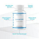 AdrenalCORE supplement bottle with labeled benefits including adrenal support, energy, stress balance, and vitality enhancement.