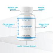 AdrenalCORE supplement bottle with labeled benefits including adrenal support, energy, stress balance, and vitality enhancement.