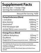 Supplement facts label for Alpha Supps Pre-Workout showing ingredients like L-Citrulline, Beta Alanine, and caffeine blend.