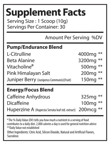 Supplement facts label for Alpha Supps Pre-Workout showing ingredients like L-Citrulline, Beta Alanine, and caffeine blend.