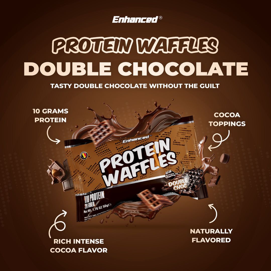 Enhanced Protein Waffles Double Chocolate flavor with 10g protein, cocoa toppings, and rich chocolate taste, ideal fitness snack.