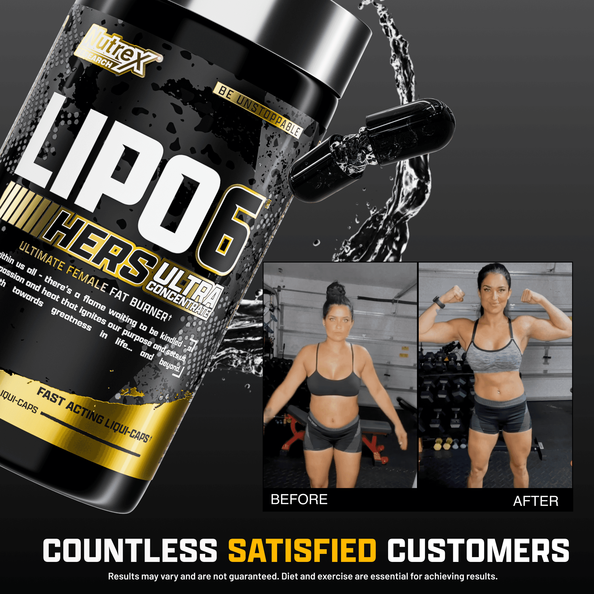 Nutrex Lipo6 HERS Ultra before and after transformation photo with product bottle, showcasing weight loss results for women.
