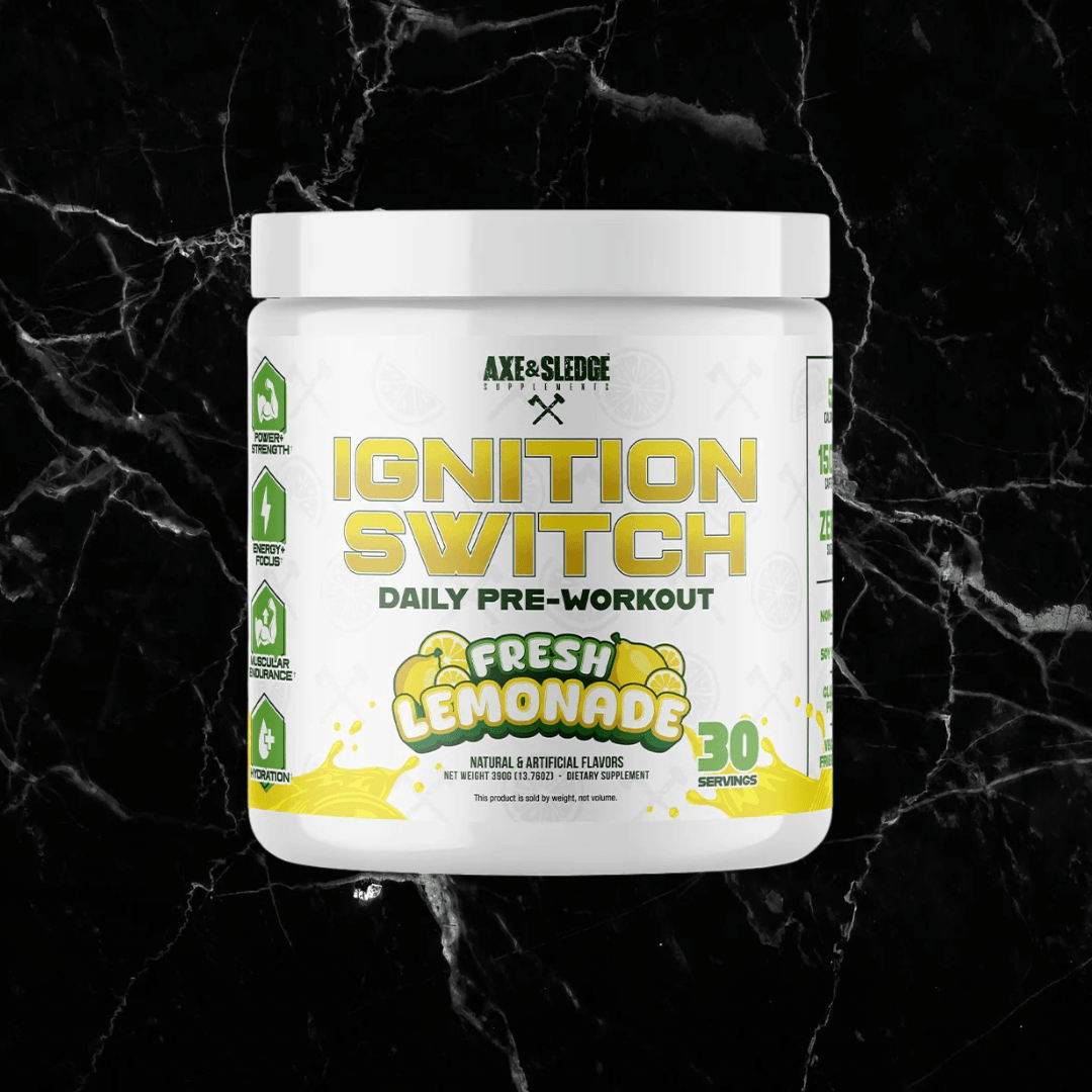 Axe & Sledge Ignition Switch Pre-Workout Fresh Lemonade flavor, 30 servings, ideal for enhancing energy, mental focus, and endurance during training.