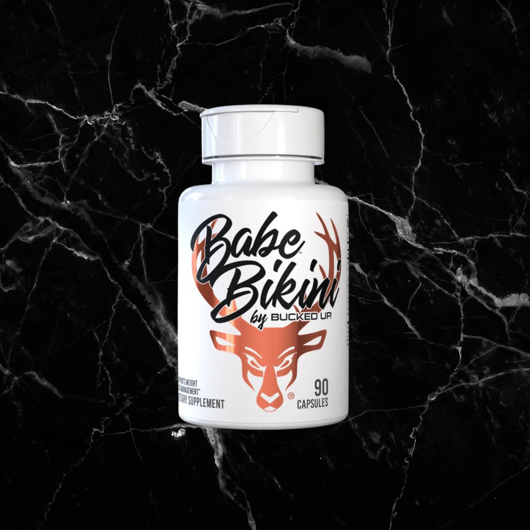 Babe Bikini by Bucked Up fat-burning supplement bottle with deer logo, designed to enhance energy and weight management. 90 capsules per container.