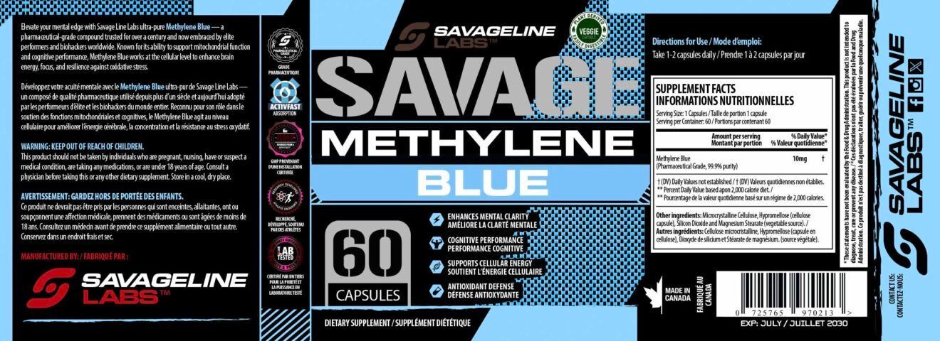 Detailed product label of Savageline Labs Methylene Blue 10mg supplement showing ingredients, usage directions, and health benefits.