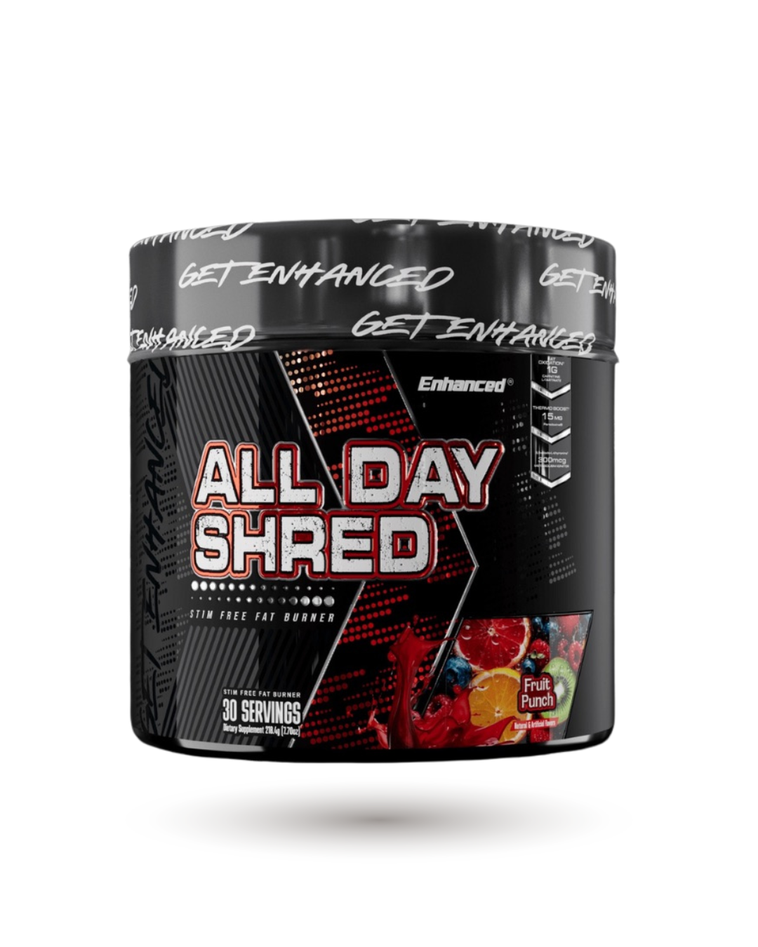 Enhanced All Day Shred Essentials Fruit Punch flavor fat burner supplement designed to support fat loss, metabolism, and energy all day.
