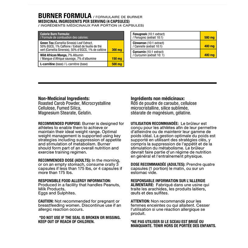 Supplement facts and ingredients label for Burner Metabolic Enhancer by Athletic Alliance. Details dosage, usage, and non-medicinal contents.