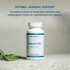 AdrenalCORE supplement bottle with herbs in background, highlighting adaptogenic formula for optimal adrenal support and vitality.