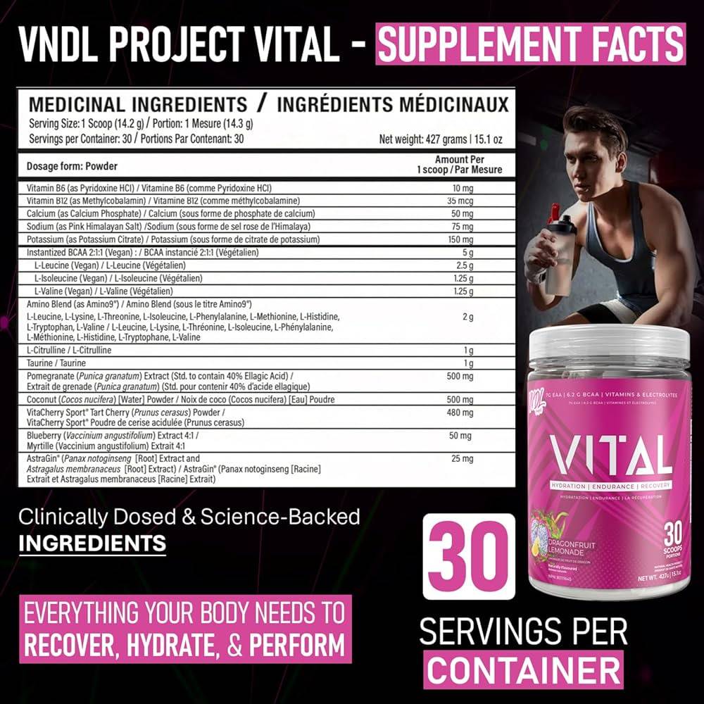 VNDL Project Vital supplement facts label highlighting clinically dosed EAA BCAA, vitamins, and electrolytes with 30 servings per container.