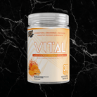 VNDL Project Vital Peach Mango flavor EAA BCAA Hydration Recovery formula with electrolytes and vitamins B6, B12 for post-workout support.