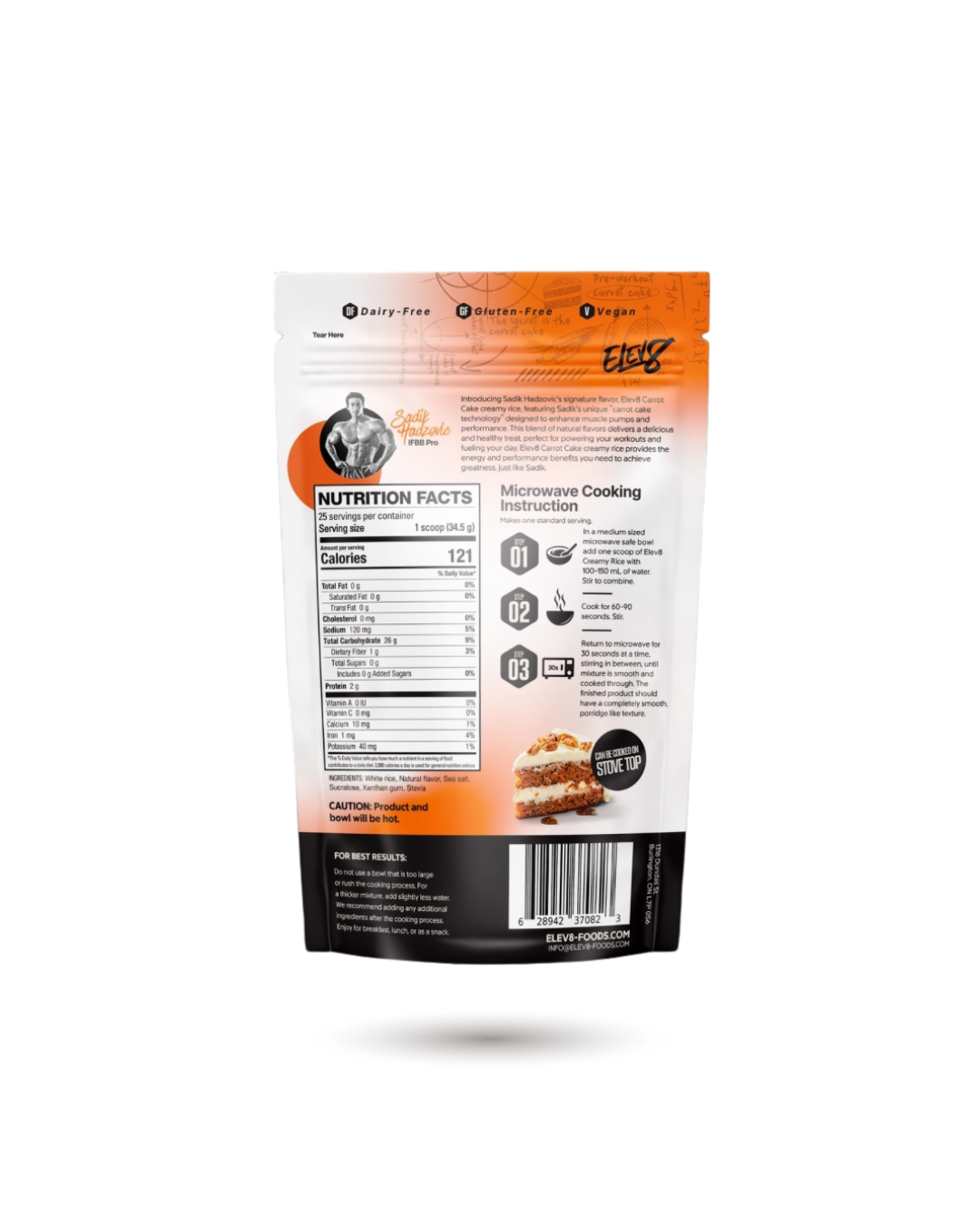 Back of ELEV8 Creamy Rice Carrot Cake pouch featuring Sadik Hadzovic. Includes nutrition info and microwave prep for fitness nutrition.
