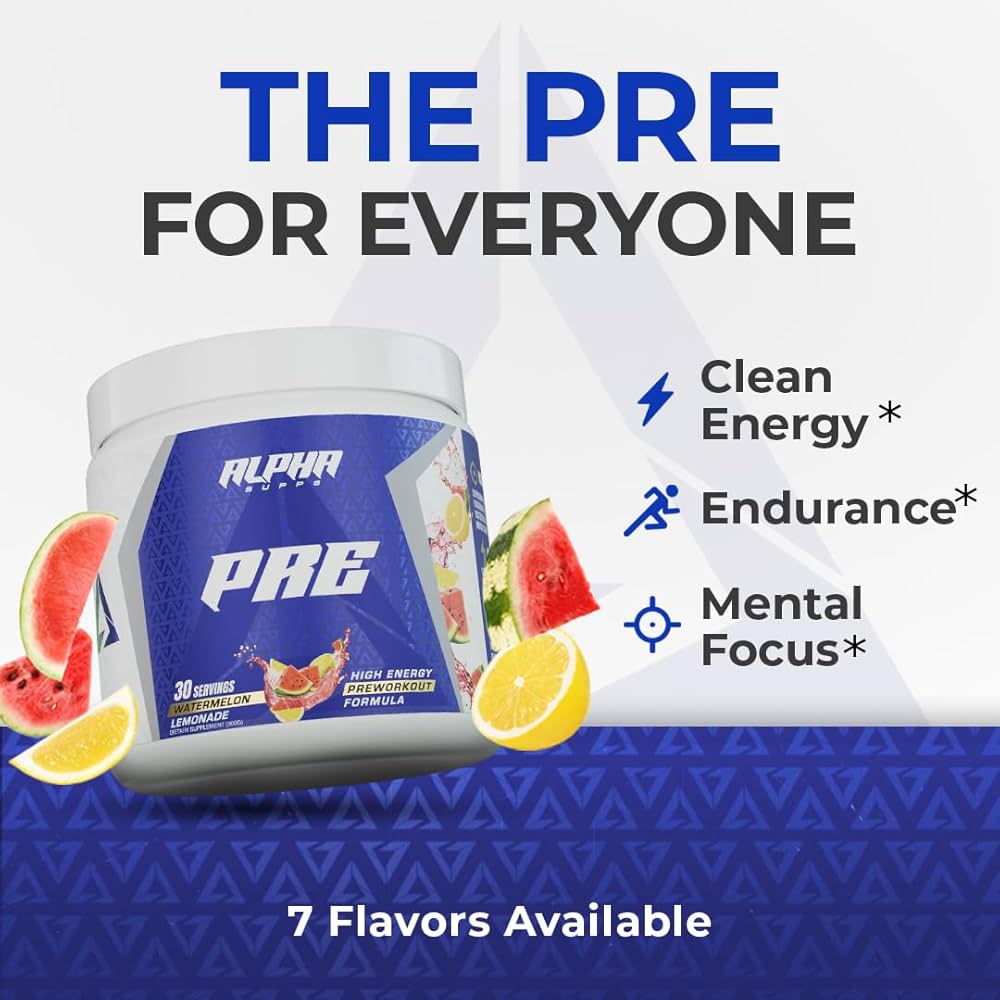 Alpha Supps Pre-Workout Raspberry Lemonade flavor with icons for clean energy, endurance, and mental focus; 7 flavors available.