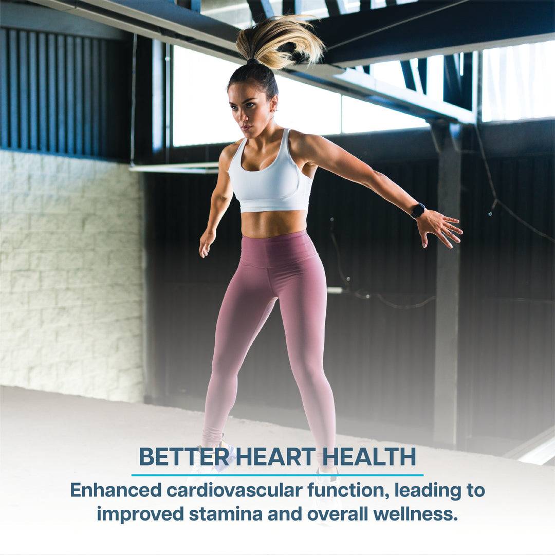 Active woman exercising indoors with text promoting Revive Vitamin Pack’s benefits for heart health and improved stamina.