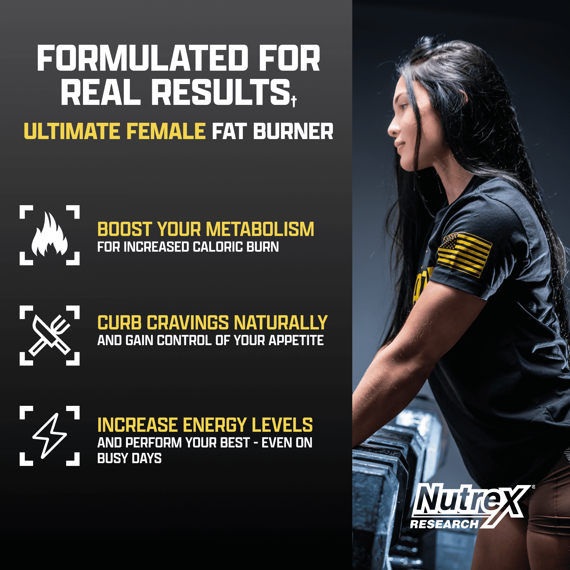 Nutrex Lipo6 HERS Ultra benefits infographic highlighting metabolism boost, appetite control, and energy increase for women.