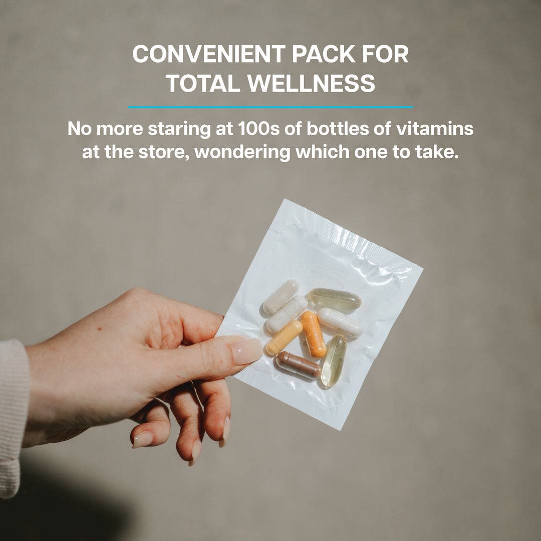 Single daily packet of Revive Vitamin Pack held in hand, emphasizing convenience and total wellness without confusion at the store.