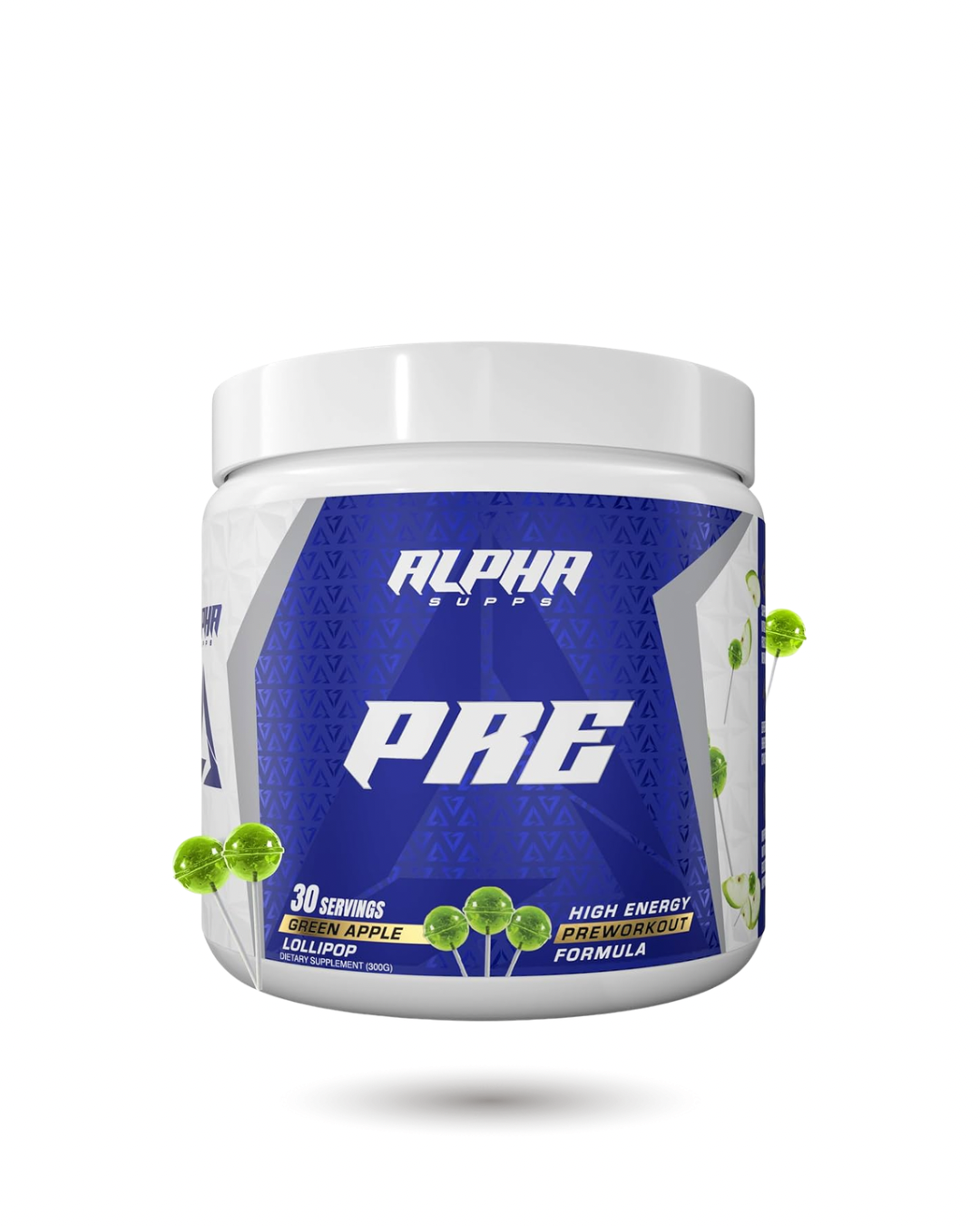 Alpha Supps Pre-Workout Green Apple Lollipop flavor, 30 servings for clean energy and focus, ideal for fitness and endurance routines.