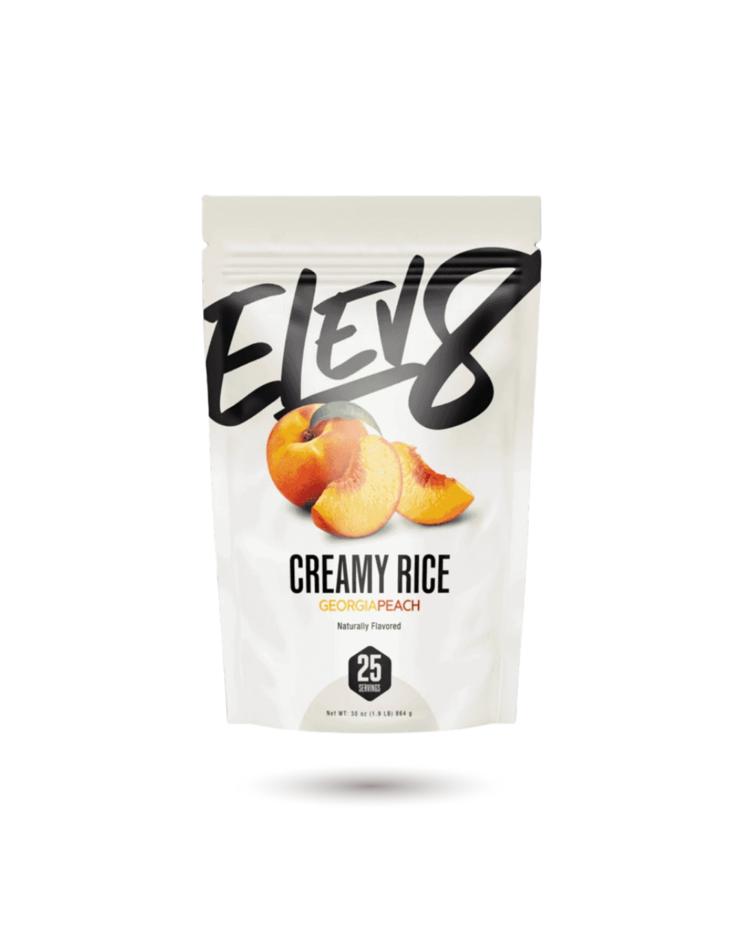 ELEV8 Creamy Rice Snack Georgia Peach flavor in resealable pouch. Nutritious energy boost for fitness and clean eating lifestyles.