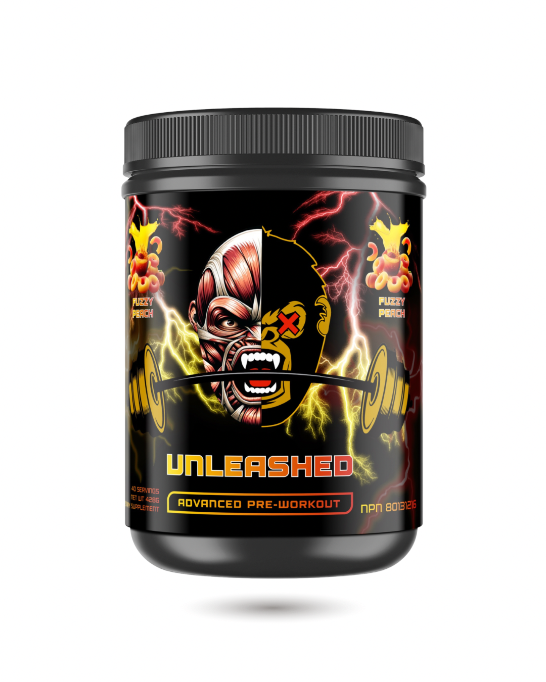 APE-X Pre Workout - Advanced Supplement in Fuzzy Peach flavor with intense energy formula and bold ape-themed label design.