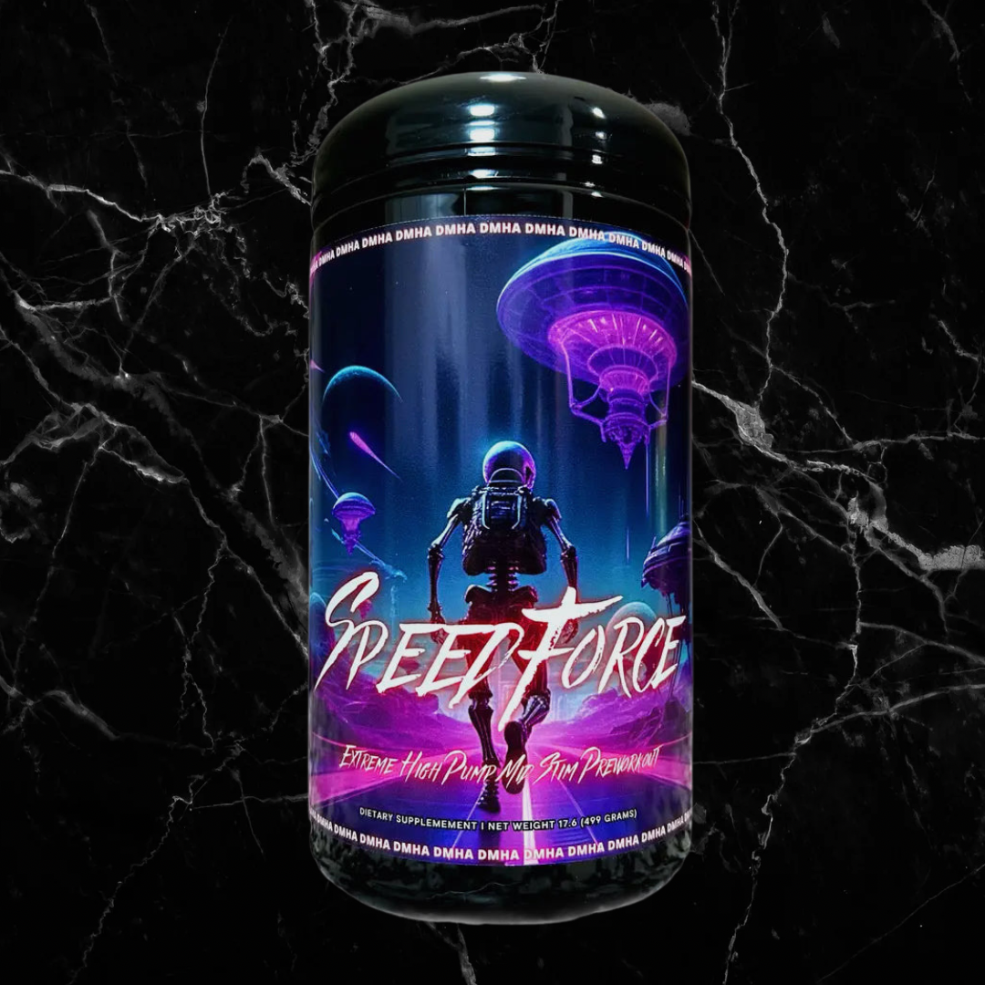 MindBender Speed Force Extreme Pre-Workout in Peach Lemonade flavor featuring astronaut and UFO design, ideal for nootropic focus and intense workouts.