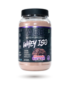 ABE Whey ISO Brownie Batter flavor protein powder with 25g protein per serving, low-carb, no sugars, ideal for fitness and muscle recovery.