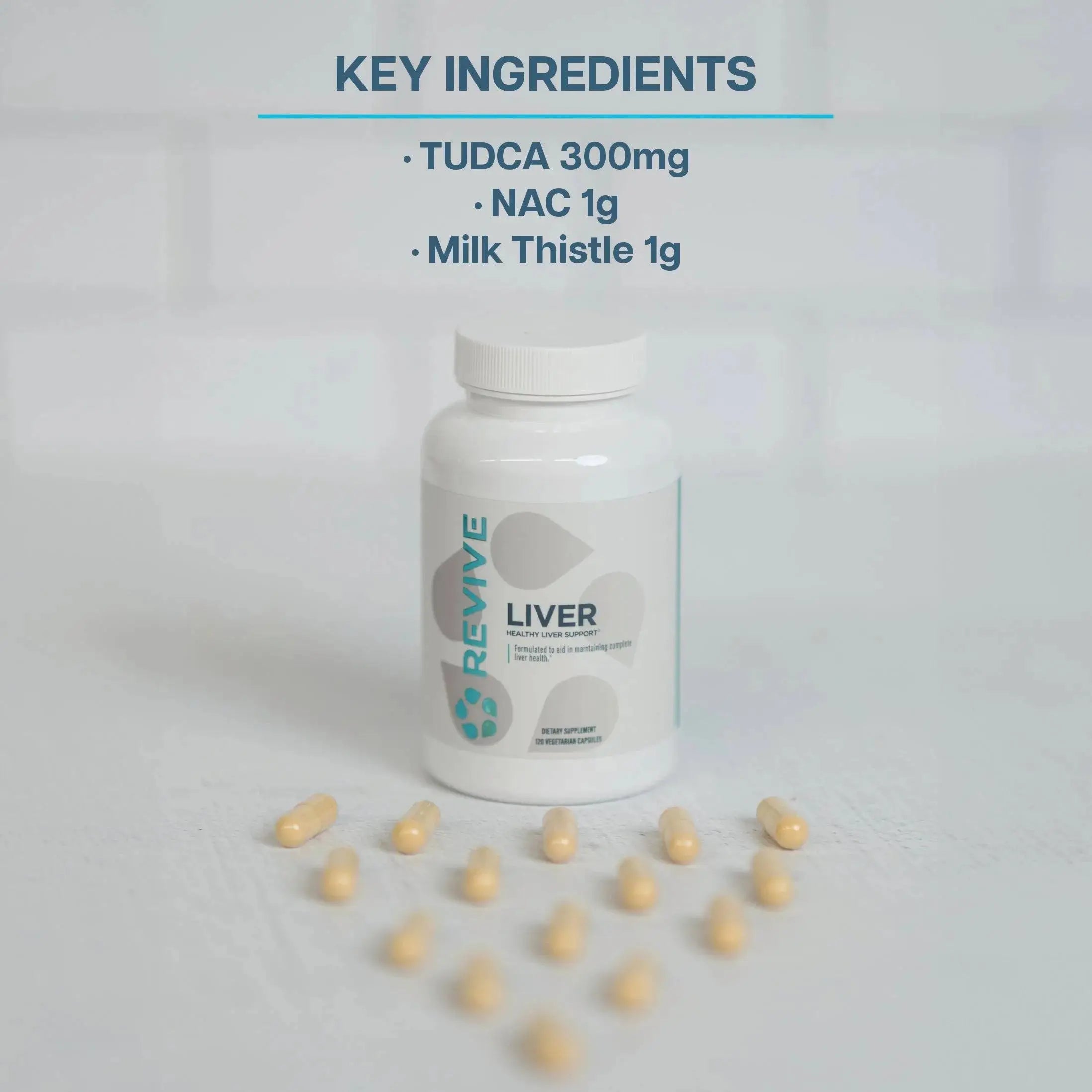 Revive Liver 30 Servings bottle with capsules displayed on a white surface, featuring key ingredients like NAC, TUDCA, and Milk Thistle.