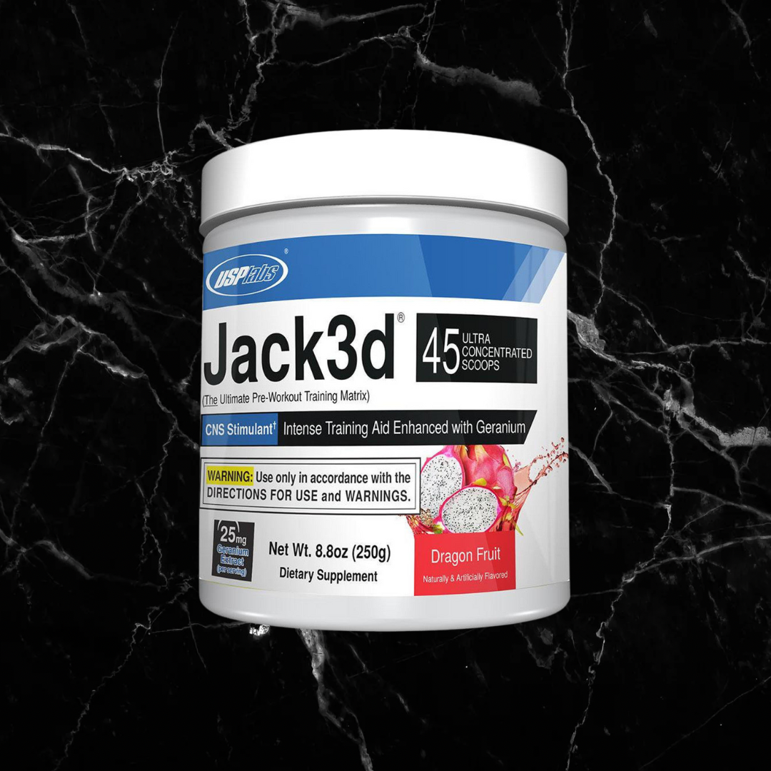USP Labs Jack3d DMHA Pre-Workout Dragon Fruit flavor, 45 servings. High-stimulant supplement designed to boost workout energy and focus.