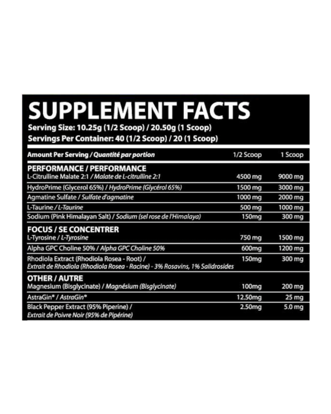 Supplement facts for Ape Pump Enhancer - Non-Stim Workout Boost showing ingredients like L-Citrulline Malate, HydroPrime, and Alpha GPC for pump and focus.