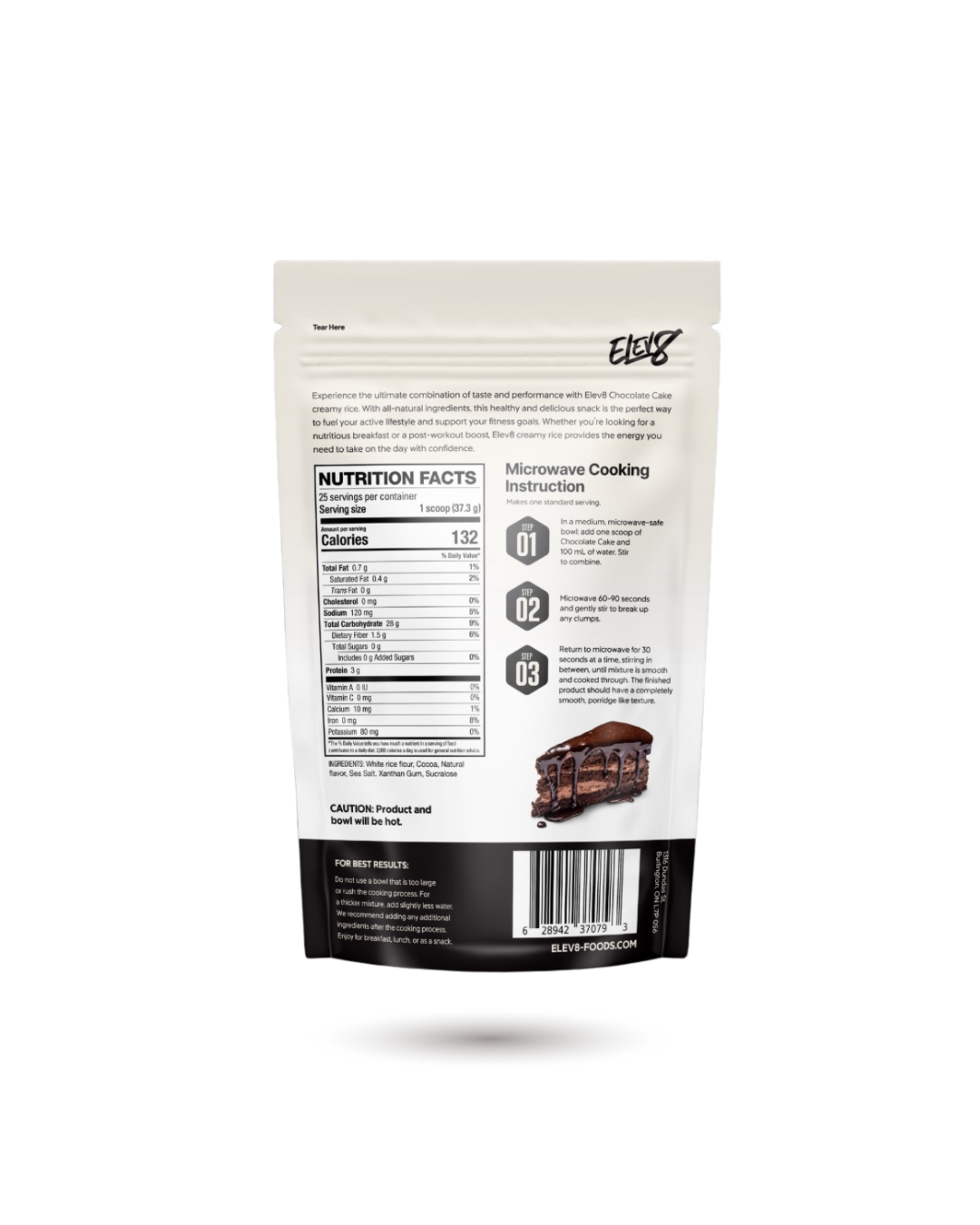 Back of ELEV8 Creamy Rice Chocolate Cake pouch with calorie info and cooking steps. Ideal for clean eating and energy support.