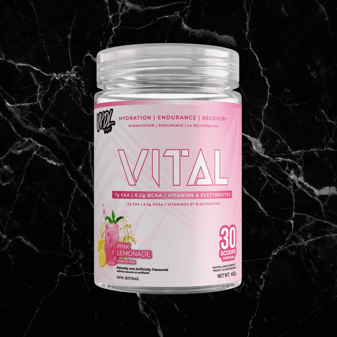VNDL Project Vital Pink Lemonade flavor EAA BCAA Hydration Recovery powder with 30 servings for enhanced workout recovery and hydration.