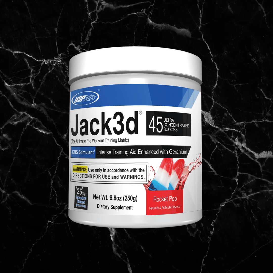 USP Labs Jack3d DMHA Pre-Workout Rocket Pop flavor, 45 servings. Extreme energy and focus formula for advanced fitness performance.