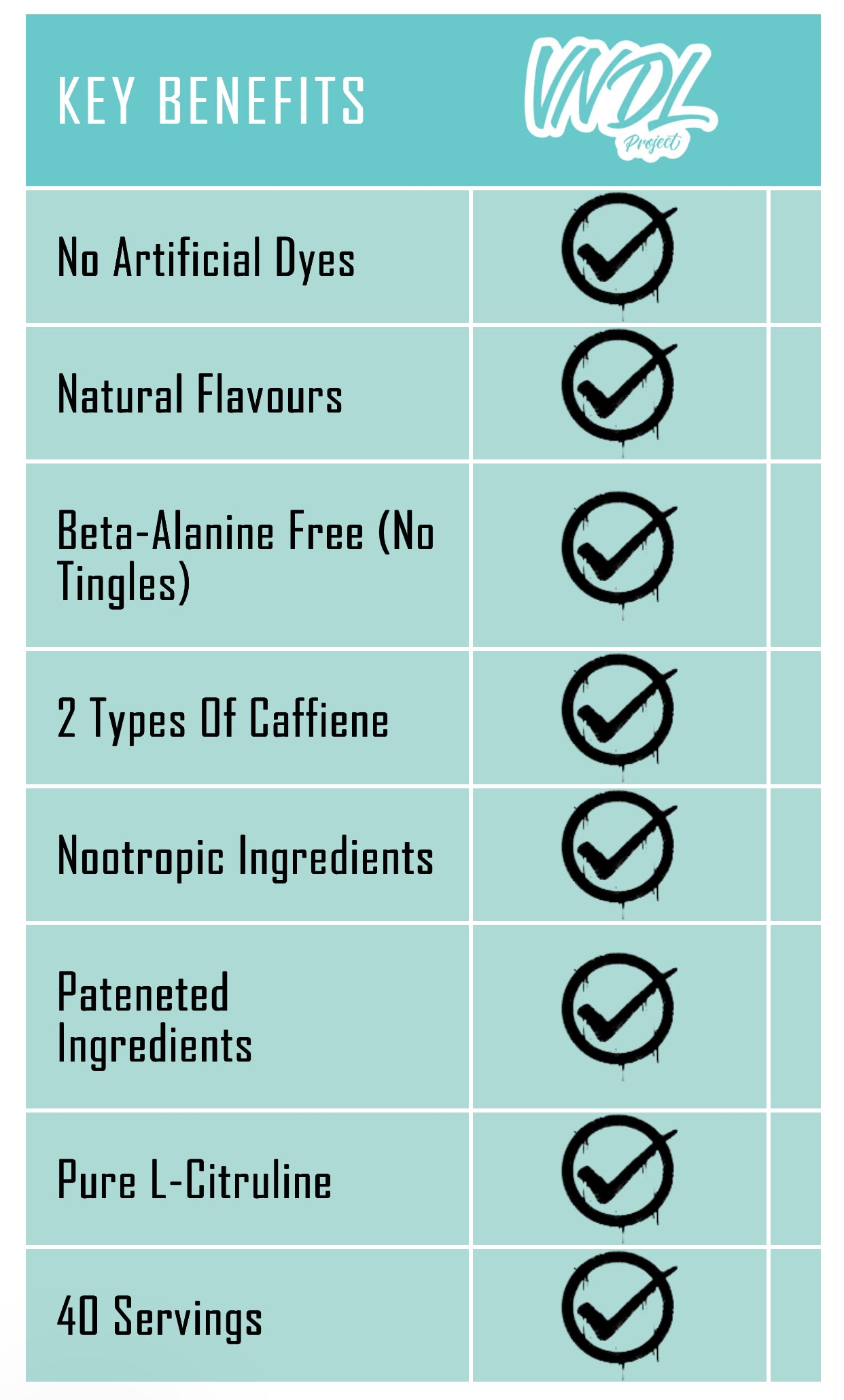 Key benefits of VNDL Project Vandal Pre-Workout include no artificial dyes, natural flavors, no beta-alanine tingles, and 40 servings per tub.