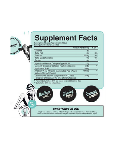 Nutrifitt Epic Collagen supplement facts label showing hydrolyzed collagen peptides, biotin, and bamboo extract for skin, nails, and joint support.